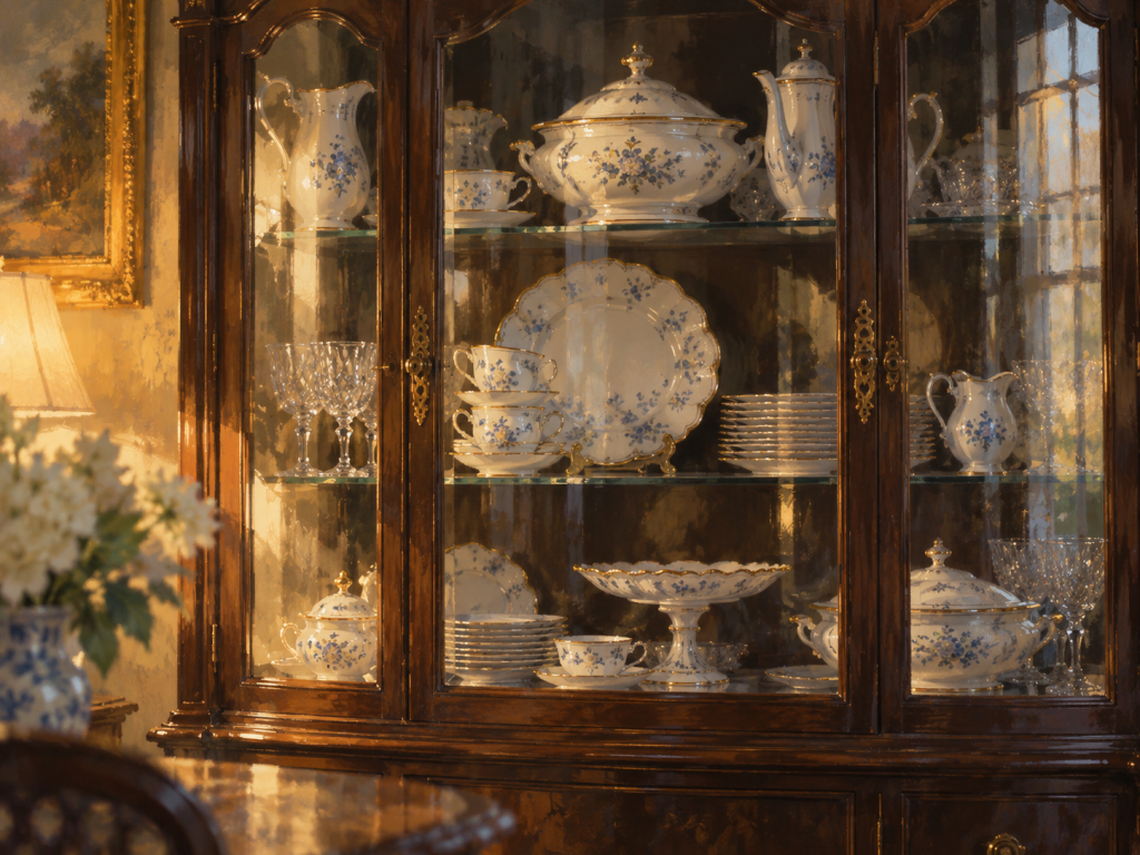 A china cabinet holding a set of blue and white porcelain dishes kept behind glass, unused