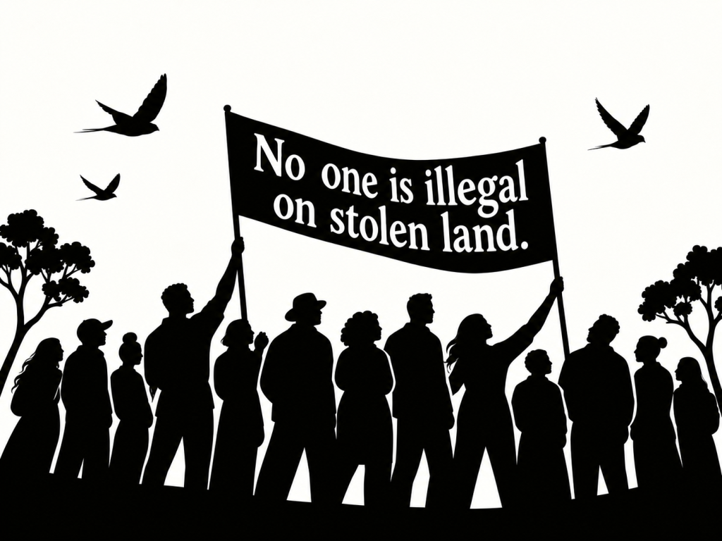 Silhouetted crowd beneath a banner that reads "No one is illegal on stolen land," with birds overhead and trees on either side.