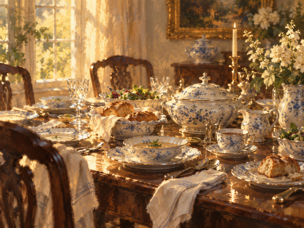 A table set with blue and white porcelain dishes in use for a meal, with bread, soup, and candlelight