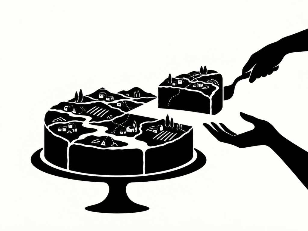 Silhouette of a cake on a stand whose top is a landscape of farms, rivers, houses and a church; one hand lifts out a slice with a server toward another open hand.