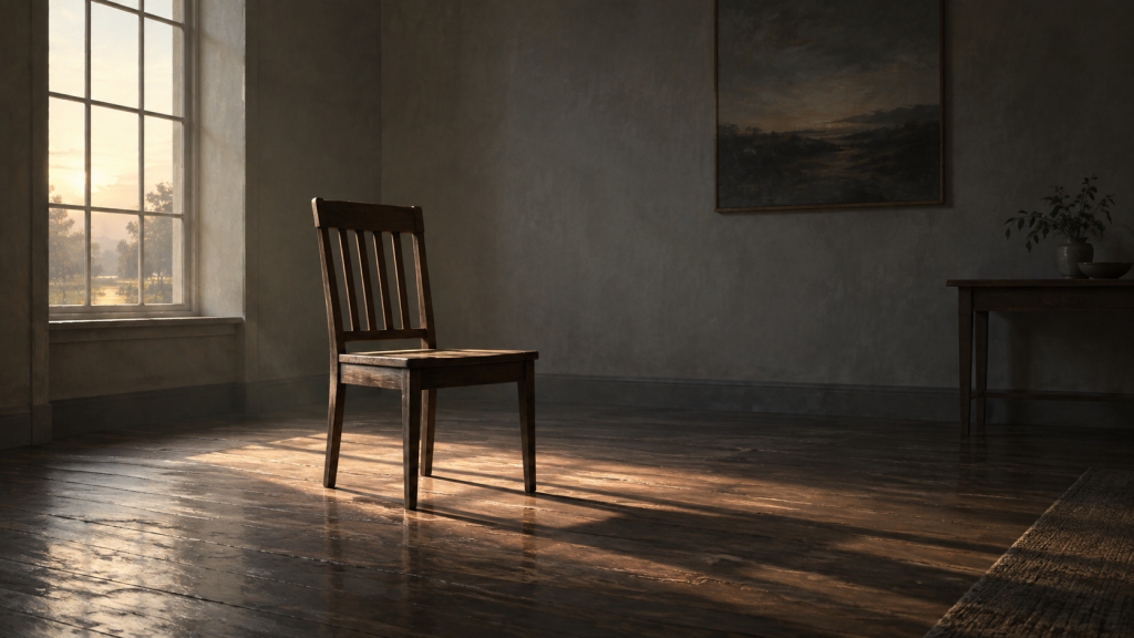 A single empty wooden chair in a sunlit, empty room.