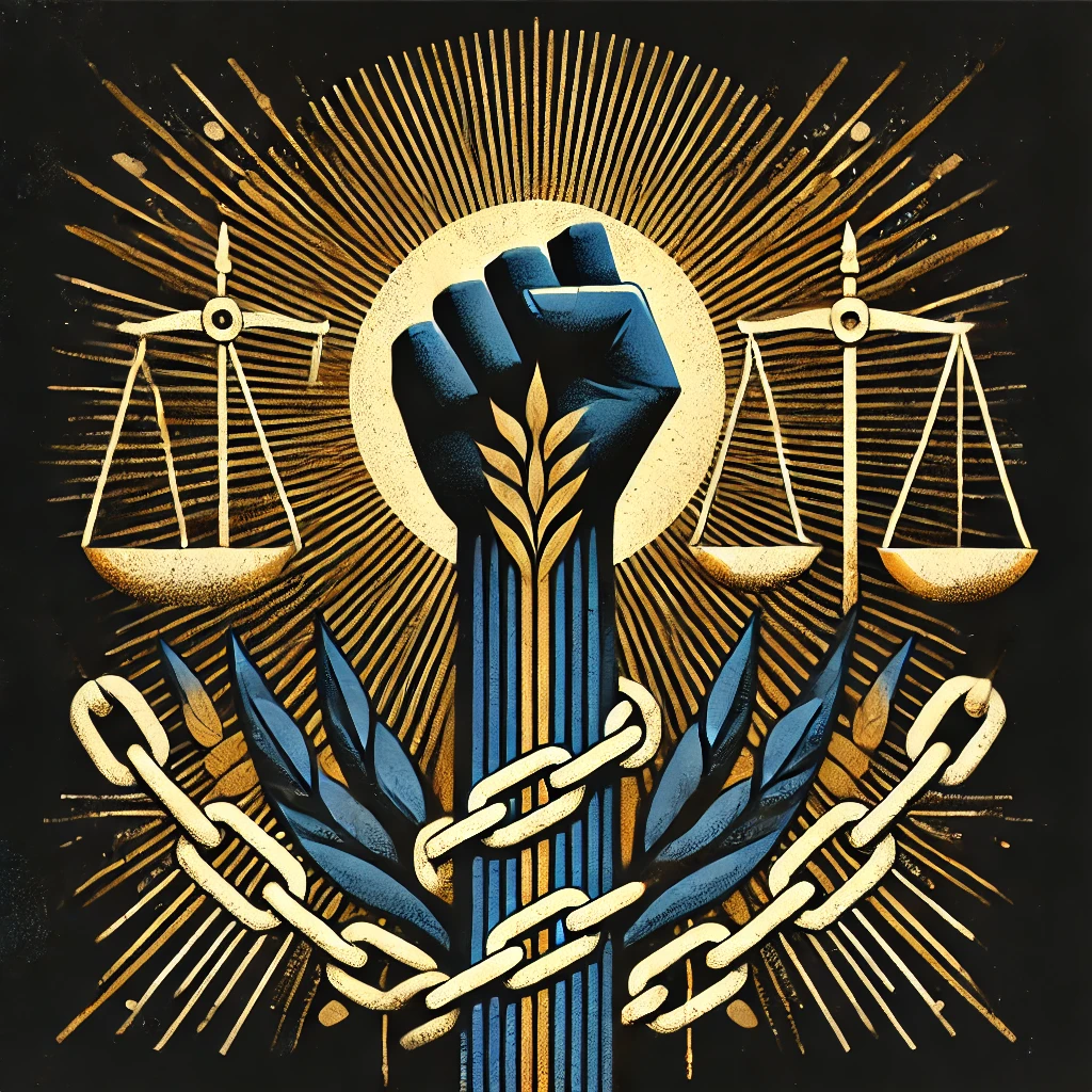 An illustration of a raised fist breaking free of chains, flanked by scales of justice, with gold rays radiating outward.