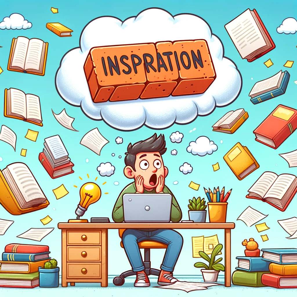 A cartoon of a surprised man at his desk, with a thought bubble of bricks spelling inspiration falling toward him amid books and papers.