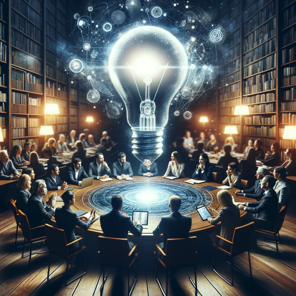 A glowing lightbulb rises above a round table where a group sits in discussion, surrounded by library shelves.