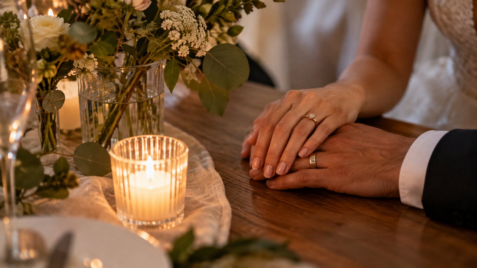 A couple’s hands with wedding rings beside a lit candle and flowers
