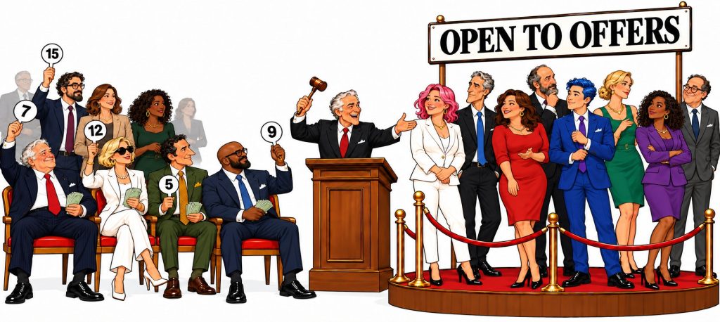 Cartoon of an auction: an auctioneer with a raised gavel gestures toward eight smiling politicians on a roped platform under a banner reading "Open to Offers," while a crowd of bidders, seated and standing, hold up numbered paddles and cash.