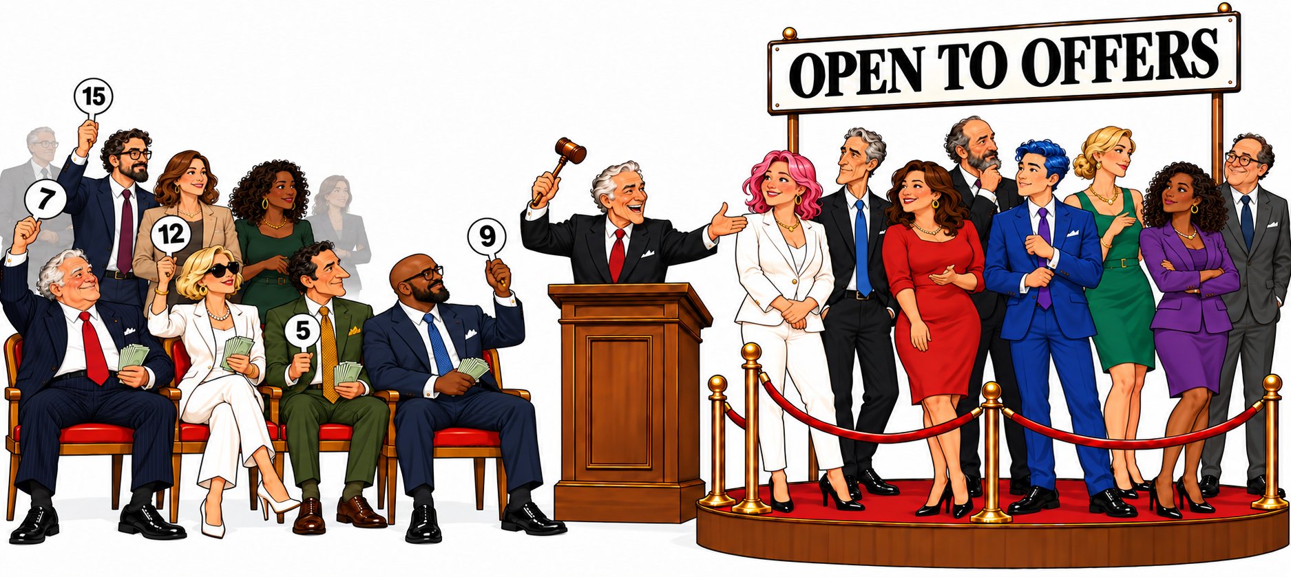 Cartoon of an auction: an auctioneer with a raised gavel gestures toward eight smiling politicians on a roped platform under a banner reading "Open to Offers," while a crowd of bidders, seated and standing, hold up numbered paddles and cash.
